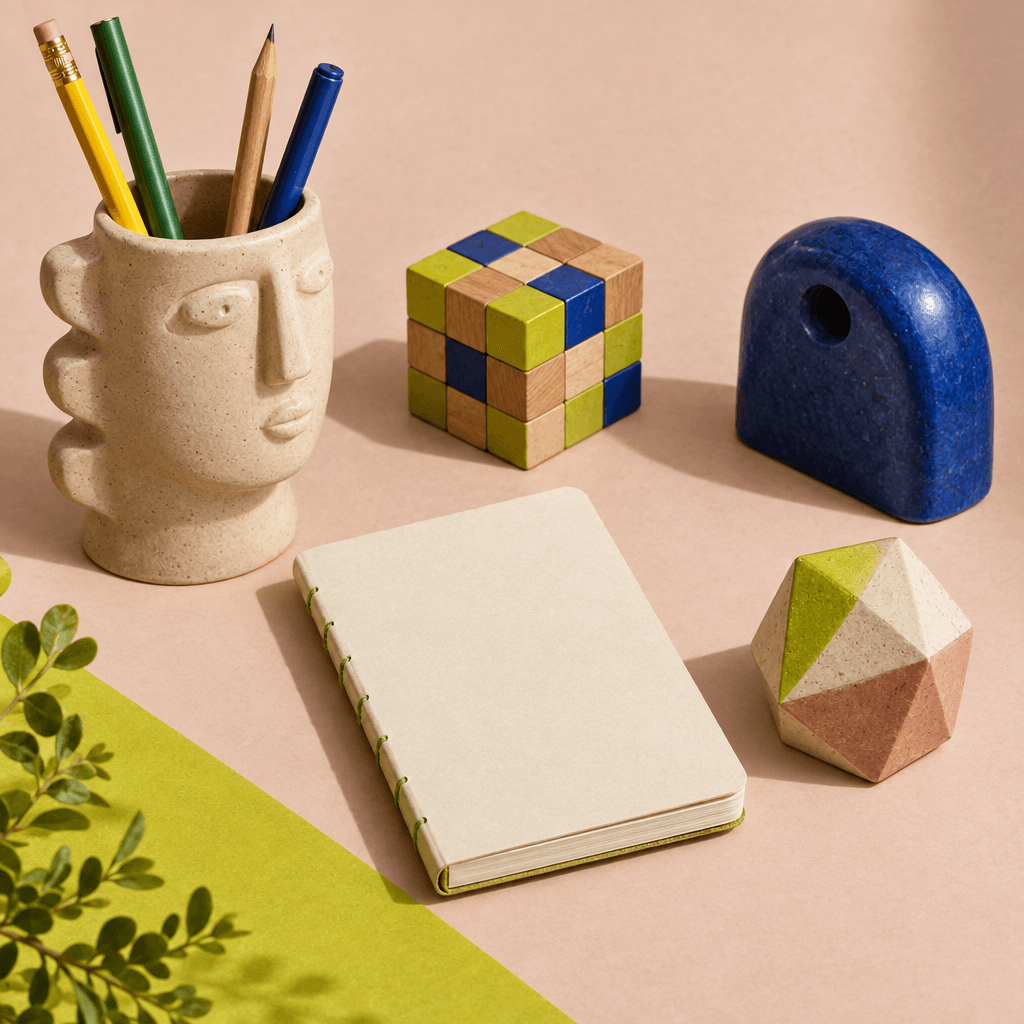 Colorful and curious objects arranged on a tidy desk