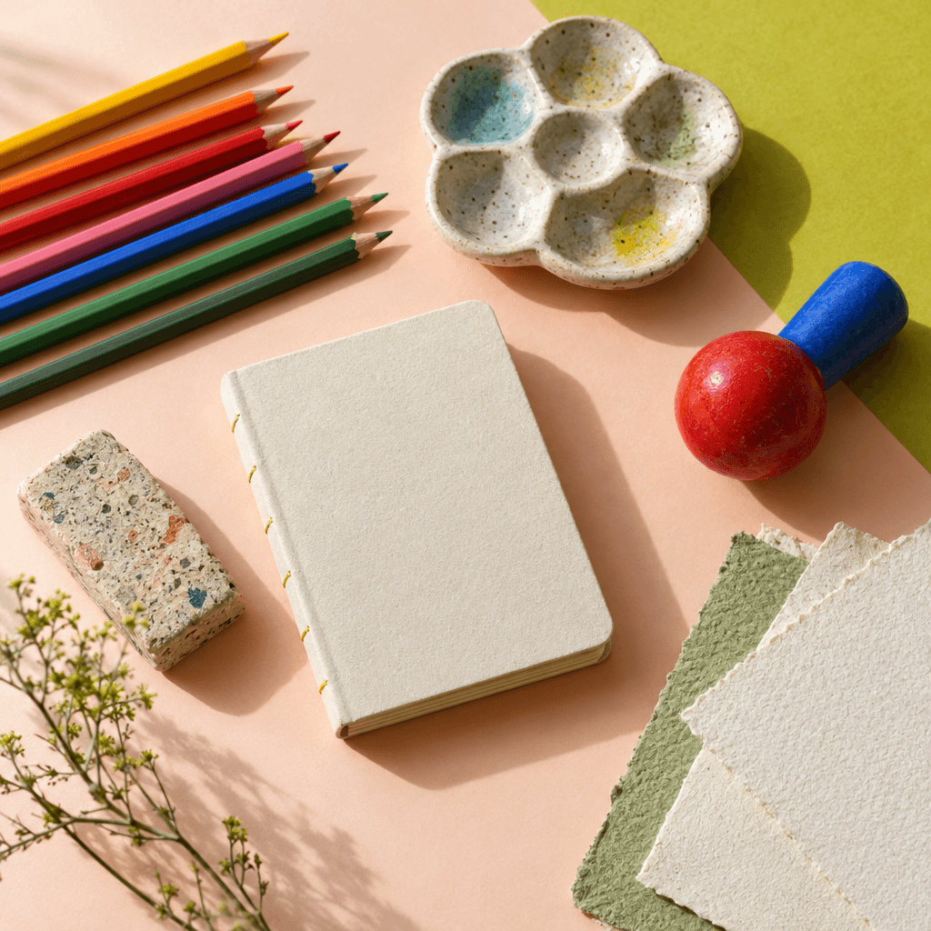 A collection of colorful art materials and textured paper